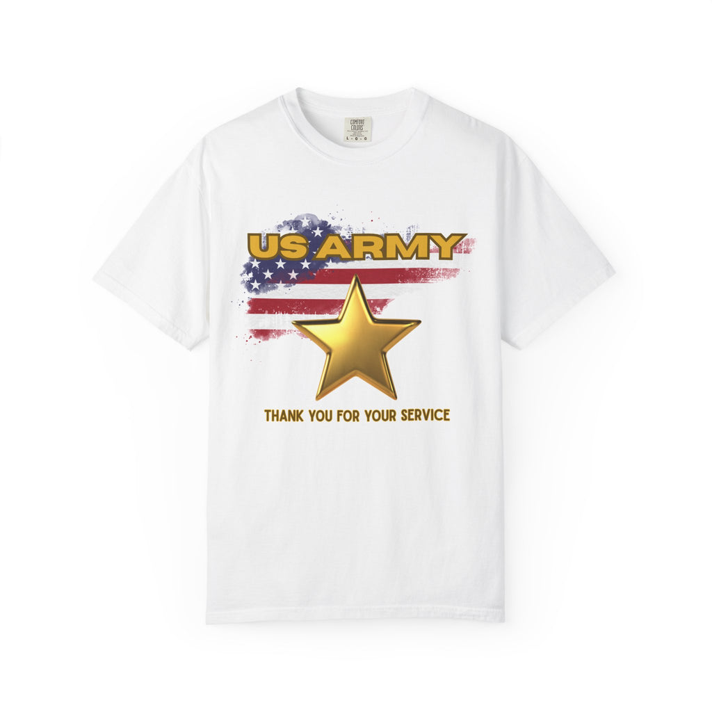 T-shirt with a US Army patriotic design, a star, and the phrase thank you for your service.