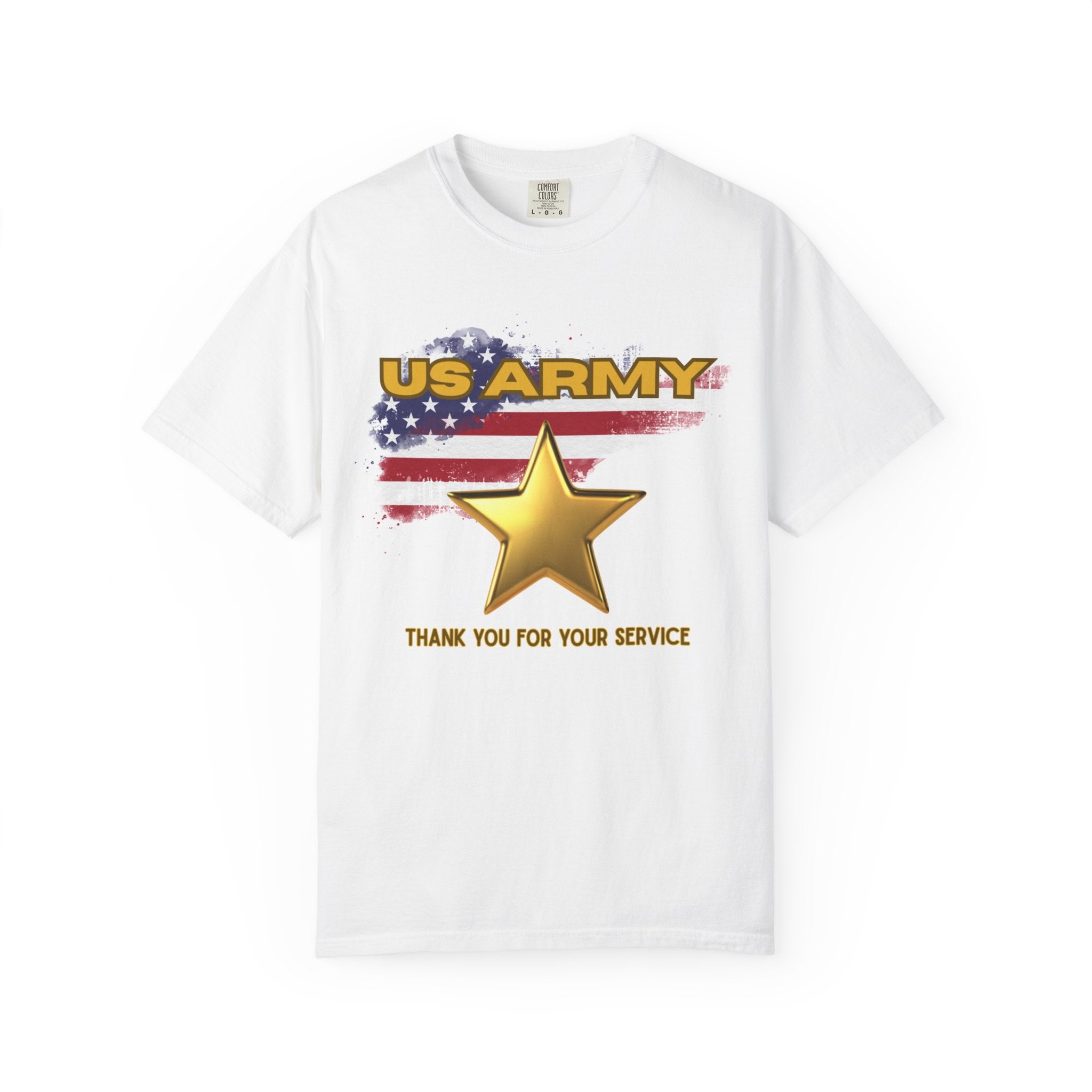 T-shirt with a US Army patriotic design, a star, and the phrase thank you for your service.